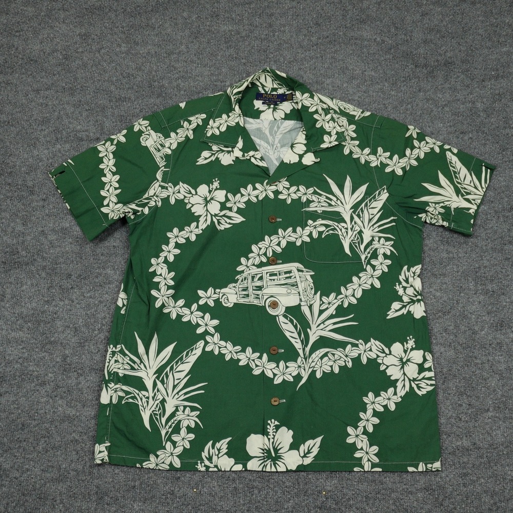 Polo Ralph Lauren Shirt Mens Medium Green Tropical Floral Woody Wagon Aloha